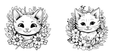 Coloring book cute cat with flower and leaves set, vector illustration.