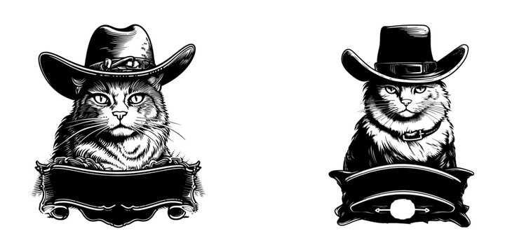 Cat wearing cowboy hat set, vector illustration.