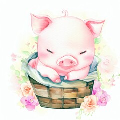 Cute Little Pig happiness in flower basket