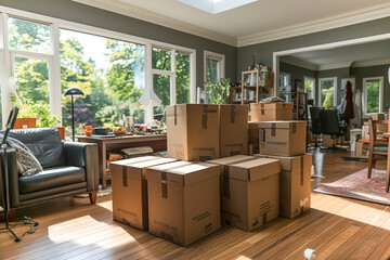 A living room filled with lots of boxes prepared for moving. Moving company organizes transportation. - obrazy, fototapety, plakaty