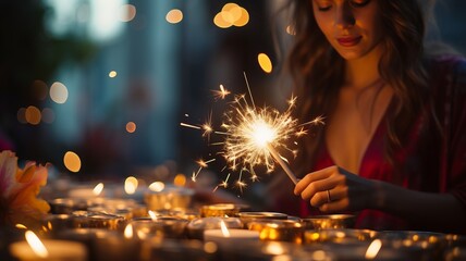 young woman enjoying new year dinner with family, with sparklers and pyrotechnics
