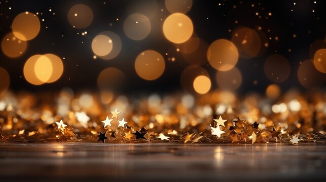 Warm golden bokeh lights illuminate a dark background with scattered star-shaped confetti, creating a festive and celebratory atmosphere.