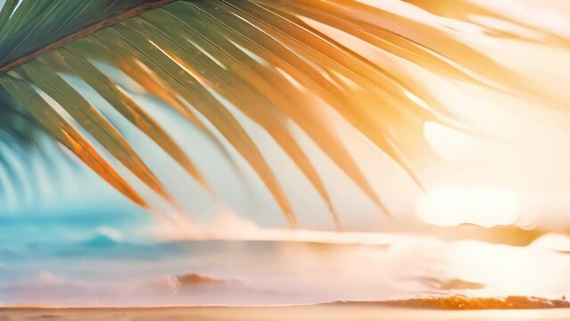 summer background of a beach with palm leaves