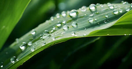 Closeup Of Dewdrops Glistening On Tender Corn Leaves At Dawn