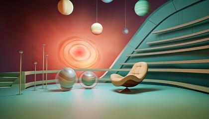 Sci-fi backdrop setting with futuristic armchair and big planets with soft colors
