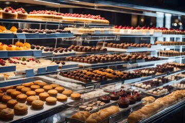 Display cabinet with a variety of delectable pastries in the bakery