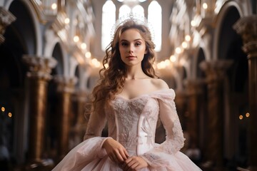 Naklejka premium portrait of a beautiful princess with blond hair in stunning dress.