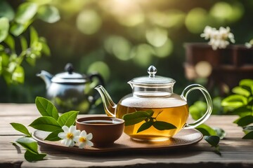 Green tea with jasmine flower and teapot on wooden table on blur garden background - obrazy, fototapety, plakaty