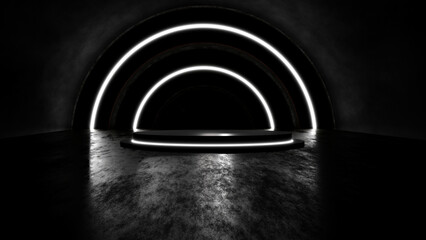 3D rendering Neon lights glow blue in the basement.