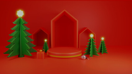 Merry Christmas promotional poster banner with product display and red background