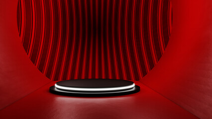 3D rendering of a black, red background podium or a podium displayed