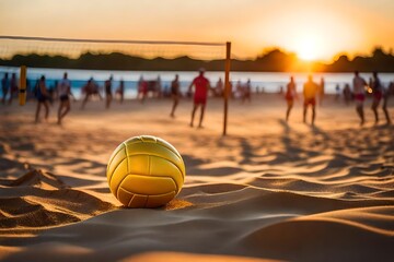 Volleyball on the sand at sunset, beach volleyball - obrazy, fototapety, plakaty