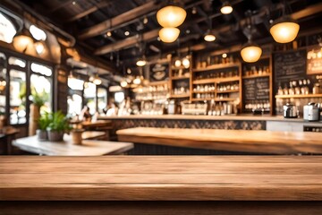 Wooden table with blurred background of cafe, coffee shop, bar, or other establishment - ideal for...