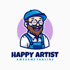 Vector Logo Illustration Happy Artist Mascot Cartoon Style.