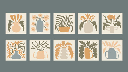 Contemporary botanical art big set. Abstract minimal set with botany elements, flowers, leaves in vases. Minimalist poster, card. Vector illustration
