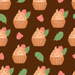 Cupcakes Food Seamless Pattern. Cute vintage sweet desserts with raspberry, whipped cream and leaf on brown background. Confectionery repeat vector illustration