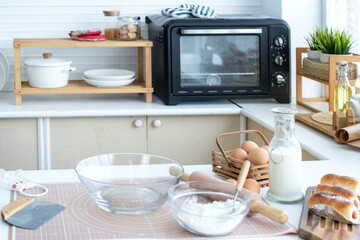 Bakery kitchen. Bakery ingredients placed on the table, prepare to make homemade bakery, concept of food preparation