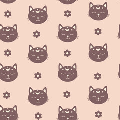 Simple cat on beige seamless pattern. Neutral background with kitten and flower. Repeat vector illustration for pet products. Animal backdrop for textile, kids, wrap