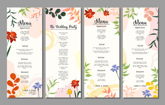 Wedding and restaurant menu with Floral art templates. Good for poster, invitation, birthday and Mothers Day cards, flyer, banner, brochure. vector illustration