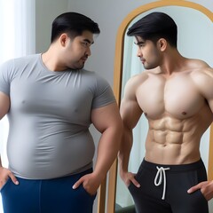 A fat guy looking to him in the mirror that have muscle body,bodybuilding,body transformation,healthy,changing lifestyle,love yourself,workout and discipline  - obrazy, fototapety, plakaty