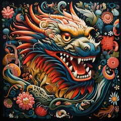 Colorful vector illustration of a dragon head and flowers on a black background