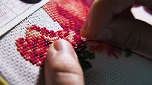 Process of hand cross embroidery on white canvas. Close-up of thread, needle and fingers. A relaxing hobby