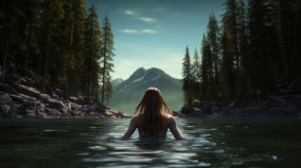 Young woman in the water of a mountain lake.