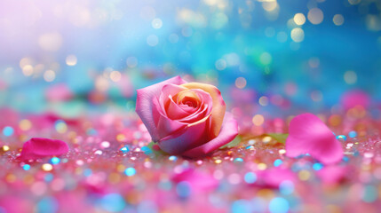 Pink rose on glitter background with bokeh lights and copy space