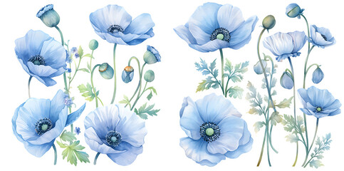 blue poppy watercolor illustration clipart. Generative AI