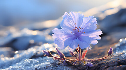 Delicate flower in bloom growing on harsh tundra rock cliff, violet blue petals, ice cold winter morning, panoramic macro closeup