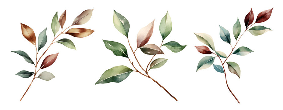 Branch with leaves, watercolor clipart illustration with isolated background.