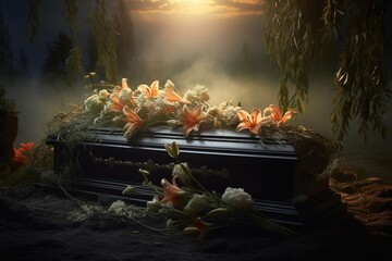 Funeral casket with flowers on dark background - obrazy, fototapety, plakaty