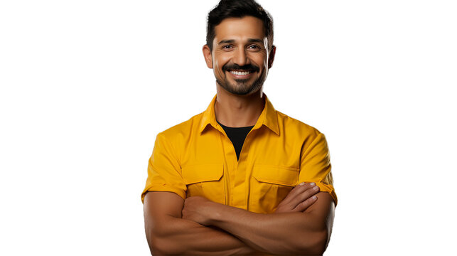 Happy Laborer with Yellow Shirt on Isolated Background : Vibrant and Positive Work Concept