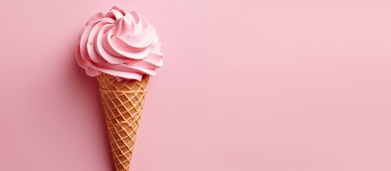 Top view of a pink ice cream cone with strawberry flavor.