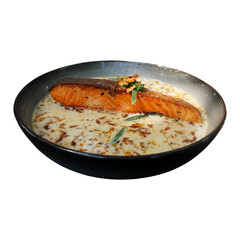 Salmon soup. Creamy hearty salmon fish soup on white background