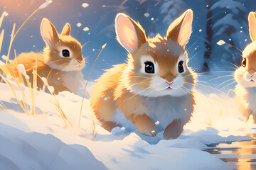 baby rabbit playing in the snow