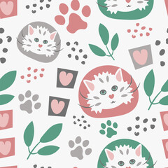 Cat pattern with hearts and leaves in cartoon style. Cats seamless vector illustration background. For market, pet shop, veterinary, gCats seamless vector illustration background. For market, pet shop