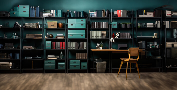 a desk with clipboard paper clip on the wall and small