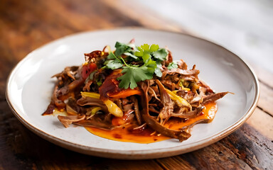 Capture the essence of Ropa Vieja in a mouthwatering food photography shot Generative AI
