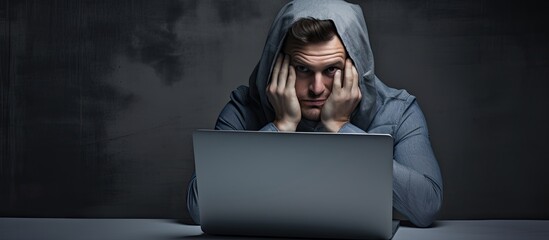 Upset guy avoids cyberbullying by covering face and stopping online content.