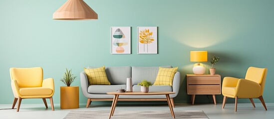 Cozy living room with geometric carpet, pastel lamps, wooden table, and chairs in yellow, mint, and grey, along with a wall poster. - Powered by Adobe