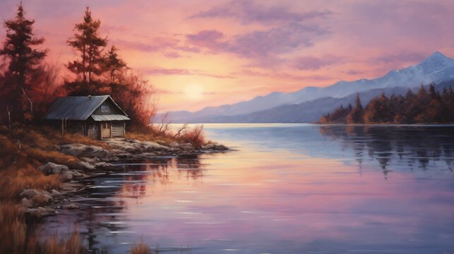 A peaceful lakeside view at sunrise, the mountains casting long shadows on the water, a soft palette of pinks and blues in the sky, a wooden cabin by the shore