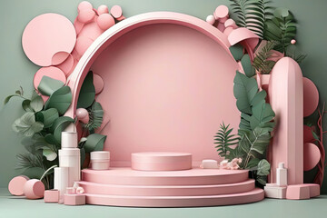 Set of pink and white 3D background with products podium arch shape and green lea - obrazy, fototapety, plakaty