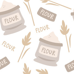 Bags of flour and cereal spikelet seamless pattern. Repeat vector illustration on white background for bakery and grossery store