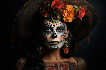 Portrait of a woman wearing day of the dead mexican skull costume on festival street