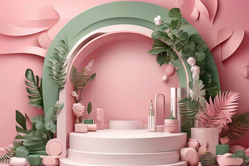 Set of pink and white 3D background with products podium arch shape and green lea