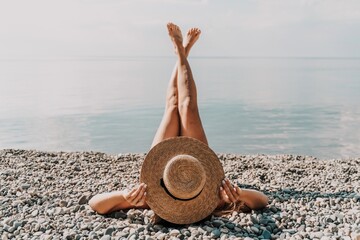 Woman bikini beach tan. Happy woman in swimwear and hat on vacation. Summer travel holidays...