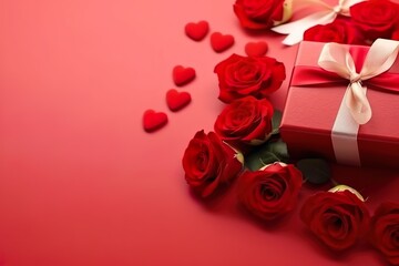 arrangement of gift and roses with copy space, valentine day concept 