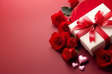arrangement of gift and roses with copy space, valentine day concept 