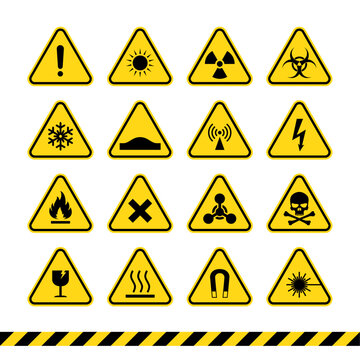 Set of triangle yellow warning signs. Hazard warning sign vector illustration